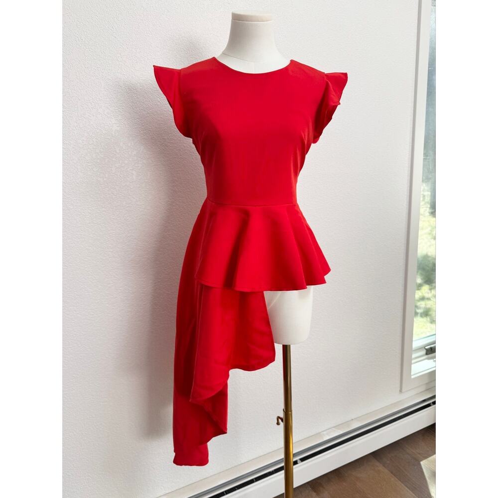 NY&CO Avant Garde Layered Ruffled Asymmetrical Hem Red Peplum Tunic Top S/M - Picture 2 of 5